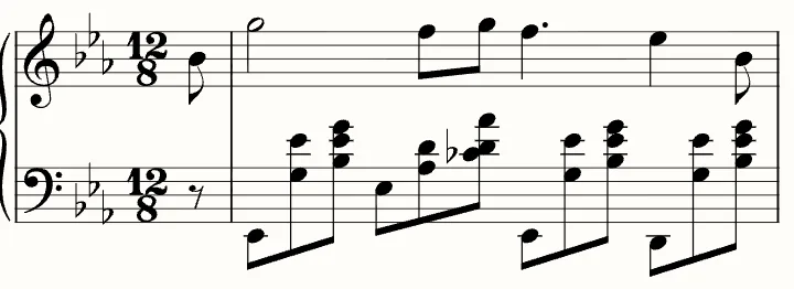 The first line of the sheet music for Nocturne in E♭, Op. 9 No. 2