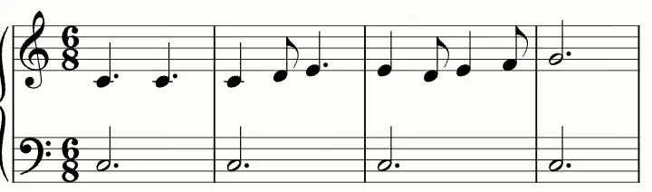 The first line of the sheet music for Row, Row, Row Your Boat